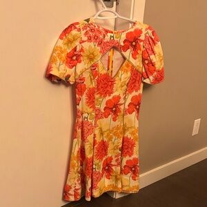 Floral Midi Dress in Red and Yellow